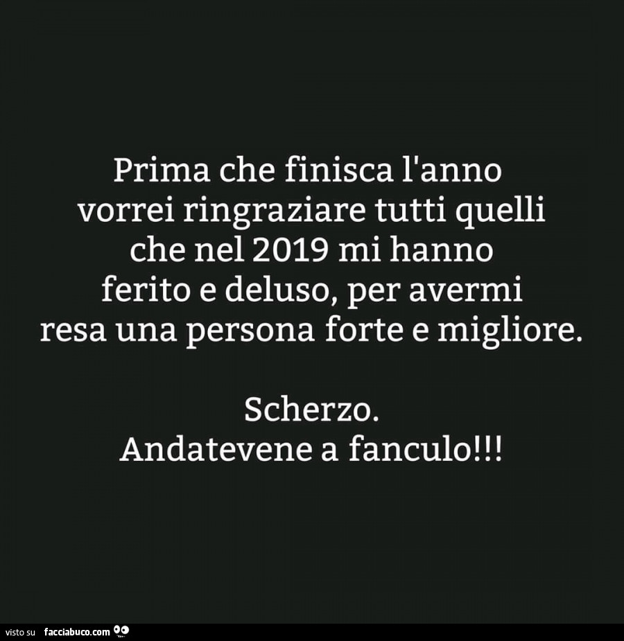 Prima che finisca l'anno vorrei ringraziare tutti quelli che nel 2019 mi hanno ferito e deluso, per avermi resa una persona forte e migliore. Scherzo. Andatevene a fanculo