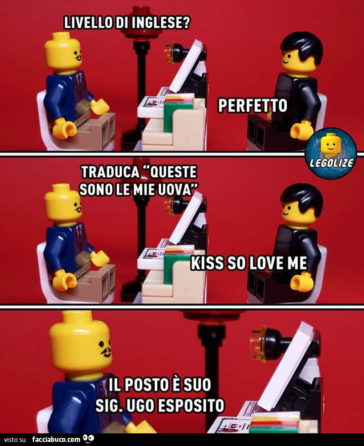 Livello di inglese? Perfetto. Traduca queste sono le mie uova. Kiss so love me. Il posto è suo sig. Ugo Esposito