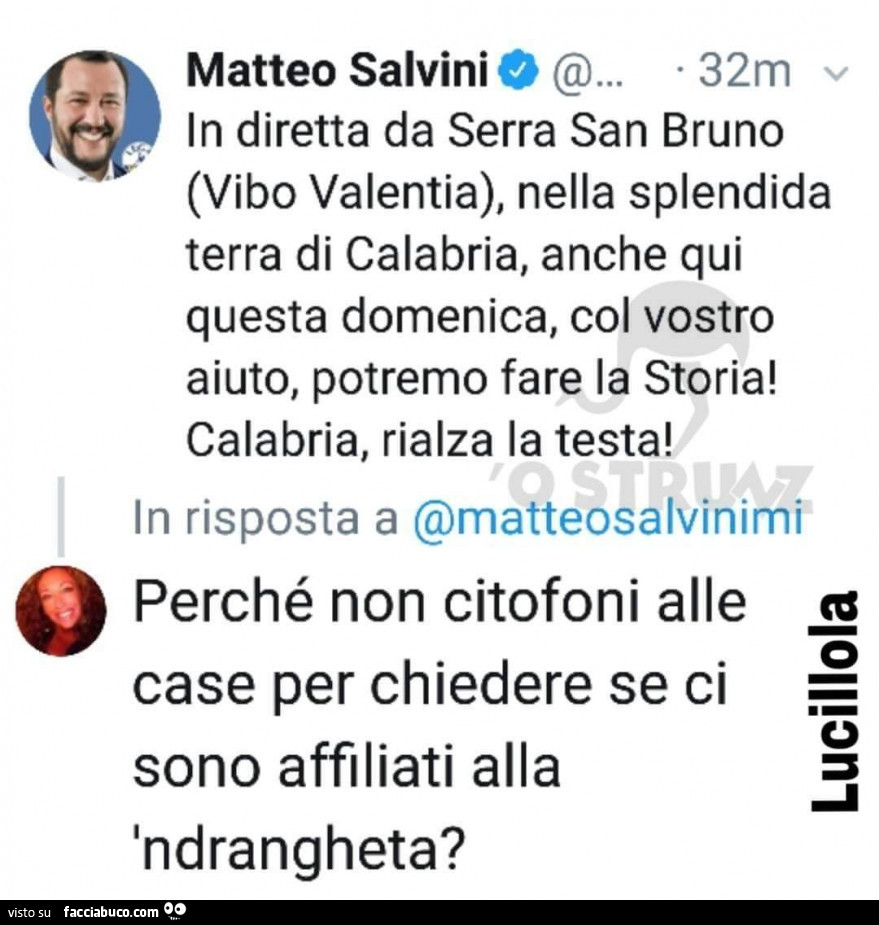 Salvini: in diretta da serra san bruno vibo valentia, nella splendida terra di calabria, anche qui questa domenica, col vostro aiuto, potremo fare la storia! Calabria, rialza la testa! Lucillola: perché non citofoni alle case per chiedere se ci sono affil