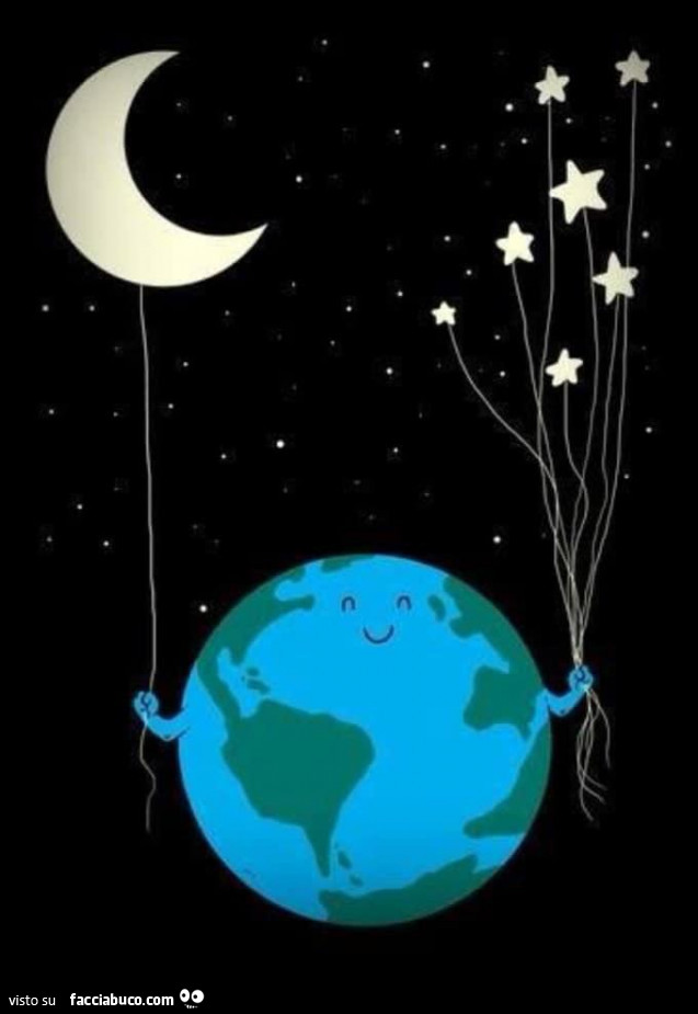 Il mondo con la luna e le stelle come palloncini