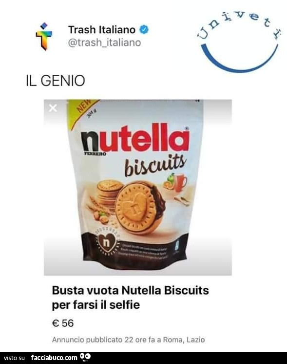 Il genio: nutella biscuits, busta vuota per farsi il selfie