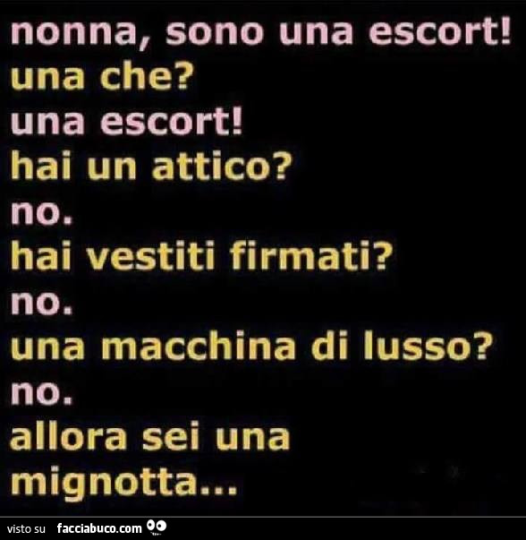 Nonna, sono una escort! Una che? Una escort! Hai un attico? No. Hai vestiti firmati? No. Una macchina di lusso? No. Allora sei una mignotta