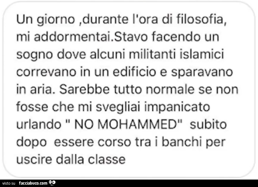 Un giorno, durante l'ora di filosofia, mi addormentai. Stavo facendo un sogno dove alcuni militanti islamici correvano in un edificio e sparavano in aria. Sarebbe tutto normale se non fosse che mi svegliai impanicato urlando