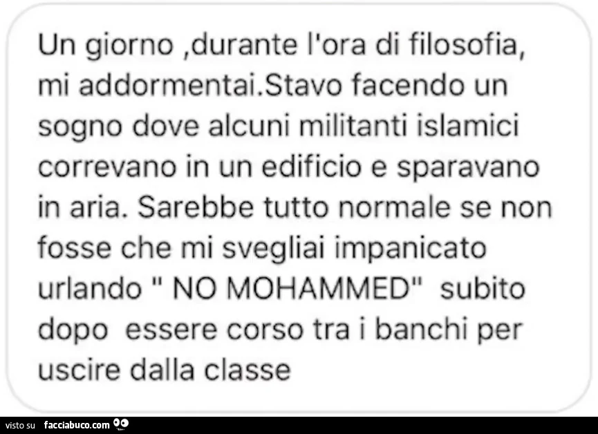 Un giorno, durante l'ora di filosofia, mi addormentai. Stavo facendo un sogno dove alcuni militanti islamici correvano in un edificio e sparavano in aria. Sarebbe tutto normale se non fosse che mi svegliai impanicato urlando