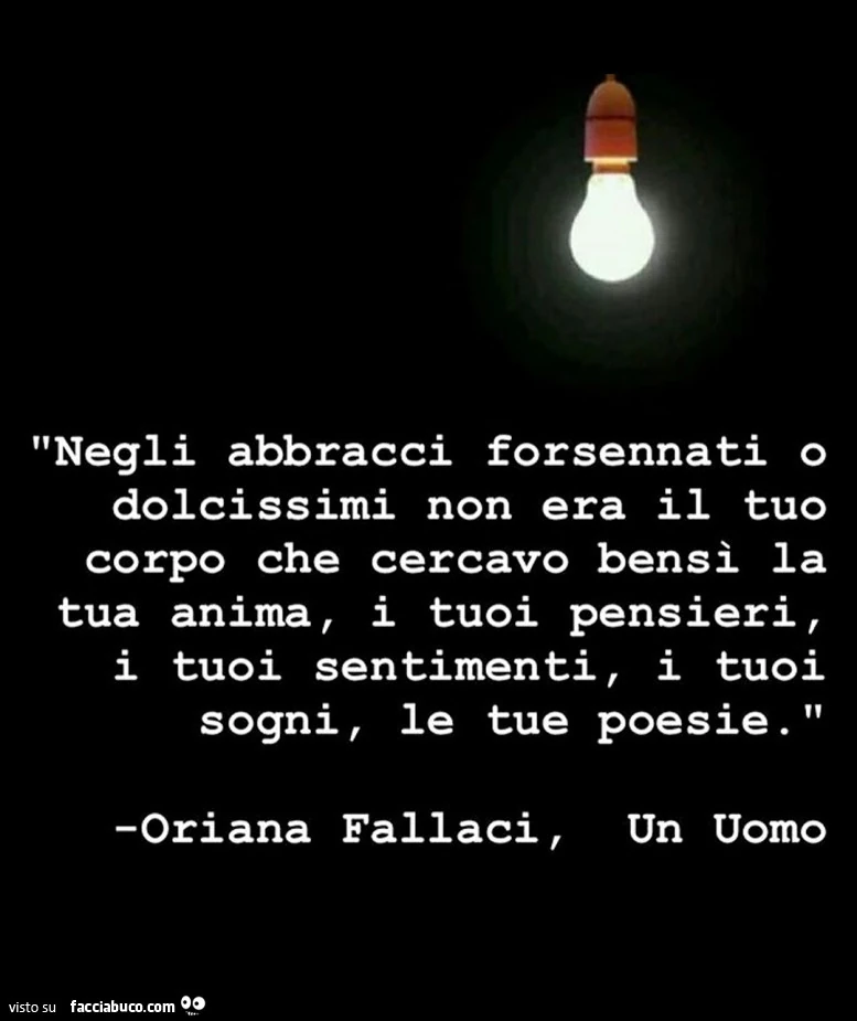 Negli abbracci forsennati o dolcissimi non era il tuo corpo che cercavo bensì la tua anima, i tuoi pensieri, i tuoi sentimenti, i tuoi sogni, le tue poesie. Oriana Fallaci