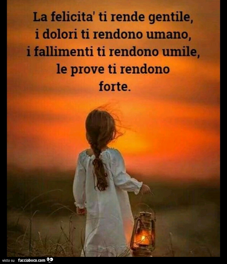 La felicità ti rende gentile, i dolori ti rendono umano, i fallimenti ti rendono umile, le prove ti rendono forte