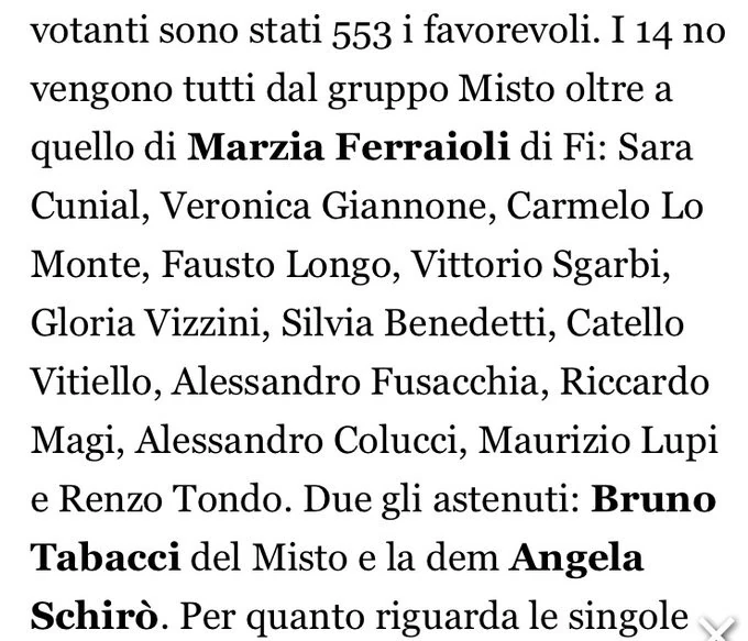 Votanti sono stati 553 i favorevoli. I 14 no vengono tutti dal gruppo misto