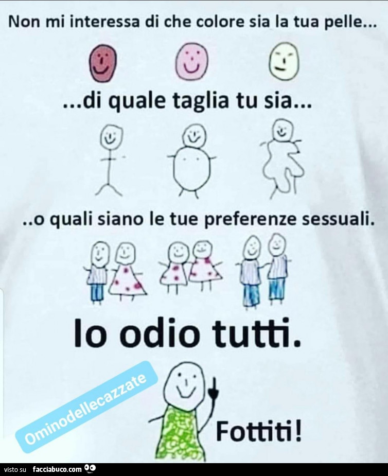 Non mi interessa di che colore sia la tua pelle… di quale taglia tu sia… o quali siano le tue preferenze sessuali. Io odio tutti. Fottiti