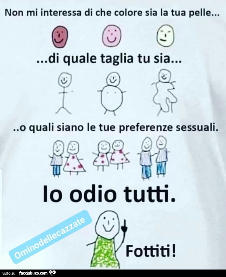 Non mi interessa di che colore sia la tua pelle&hellip; di quale taglia tu sia&hellip; o quali siano le tue preferenze sessuali. Io odio tutti. Fottiti