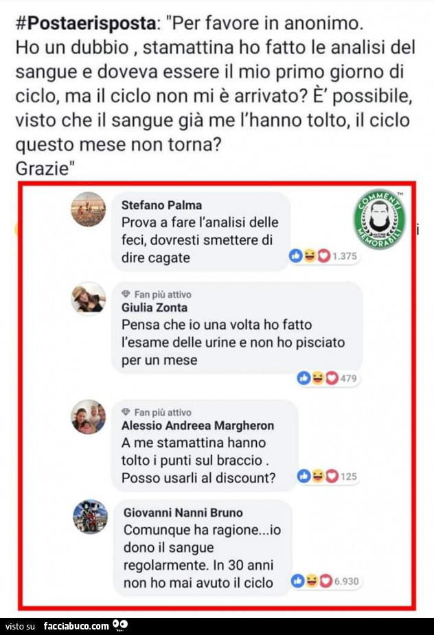 Per favore in anonimo ho un dubbio, stamattina ho fatto le analisi del sangue e doveva essere il mio primo giorno di ciclo, ma il ciclo non mi è arrivato? É Possibile visto che il sangue già me l'hanno tolto, il ciclo questo mese non torna?