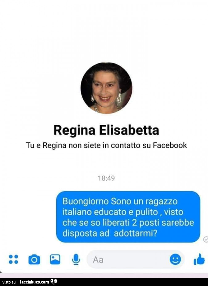 Regina elisabetta buongiorno sono un ragazzo italiano educato e pulito, visto che se so liberati 2 posti sarebbe disposta ad adottarmi?