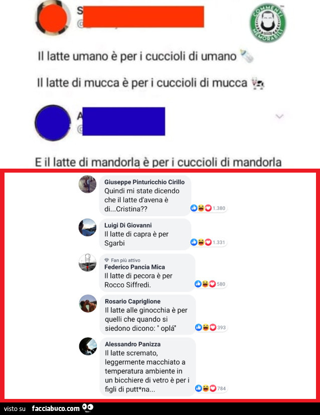 Il latte umano è per i cuccioli di umano il latte di mucca è per i cuccioli di mucca. E il latte di mandorla è per i cuccioli di mandorla. Quindi mi state dicendo che il latte d'avena è di… cristina?