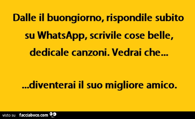 Dalle il buongiorno, rispondile subito su whatsapp, scrivile cose belle, dedicale canzoni. Vedrai che… diventerai il suo migliore amico