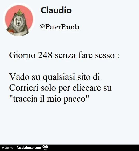 Giorno 248 senza fare sesso. Vado su qualsiasi sito di corrieri solo per cliccare su traccia il mio pacco