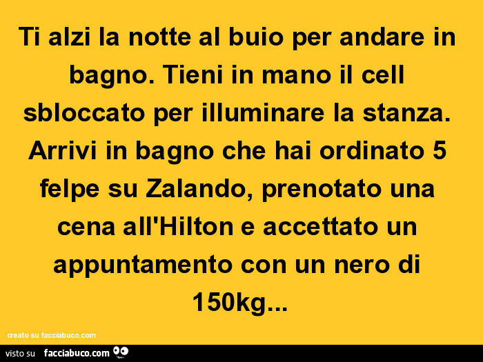 Ti alzi la notte al buio per andare in bagno. Tieni in mano il cell sbloccato per illuminare la stanza. Arrivi in bagno che hai ordinato 5 felpe su zalando, prenotato una cena all'hilton e accettato un appuntamento con un nero di 150kg