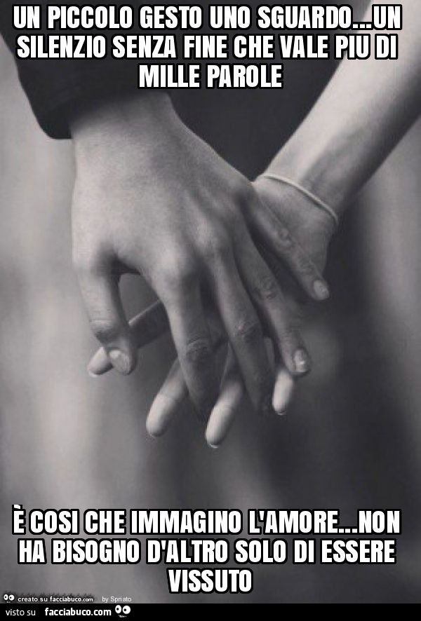 Un piccolo gesto uno sguardo… un silenzio senza fine che vale piu di mille parole è cosi che immagino l'amore… non ha bisogno d'altro solo di essere vissuto