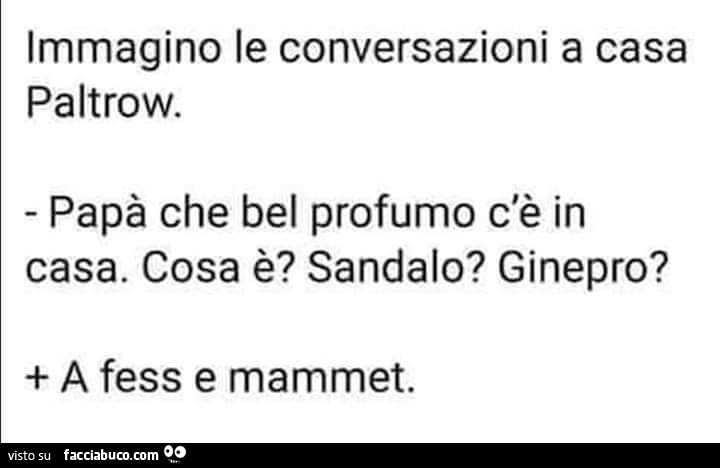 Immagino le conversazioni a casa paltrow. Papà che bel profumo c'è in casa. Cosa è? Sandalo? Ginepro? A fess e mammet