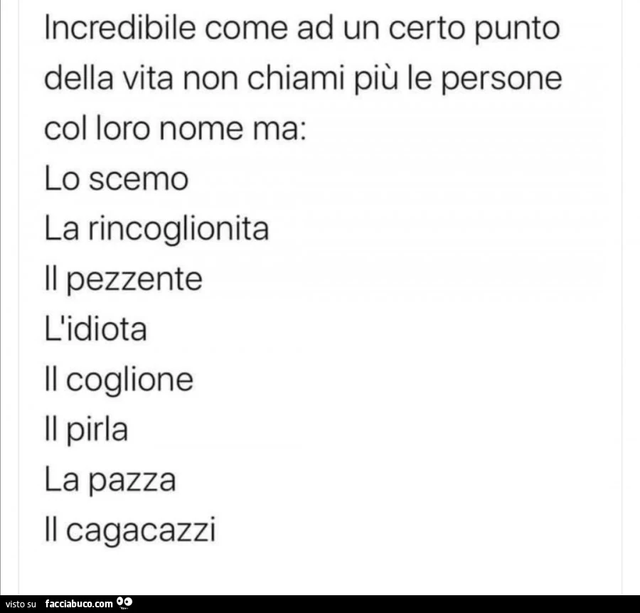 Incredibile come ad un certo punto della vita non chiami più le persone col loro nome ma: lo scemo la rincoglionita il pezzente l'idiota il coglione il pirla la pazza il cagacazzi