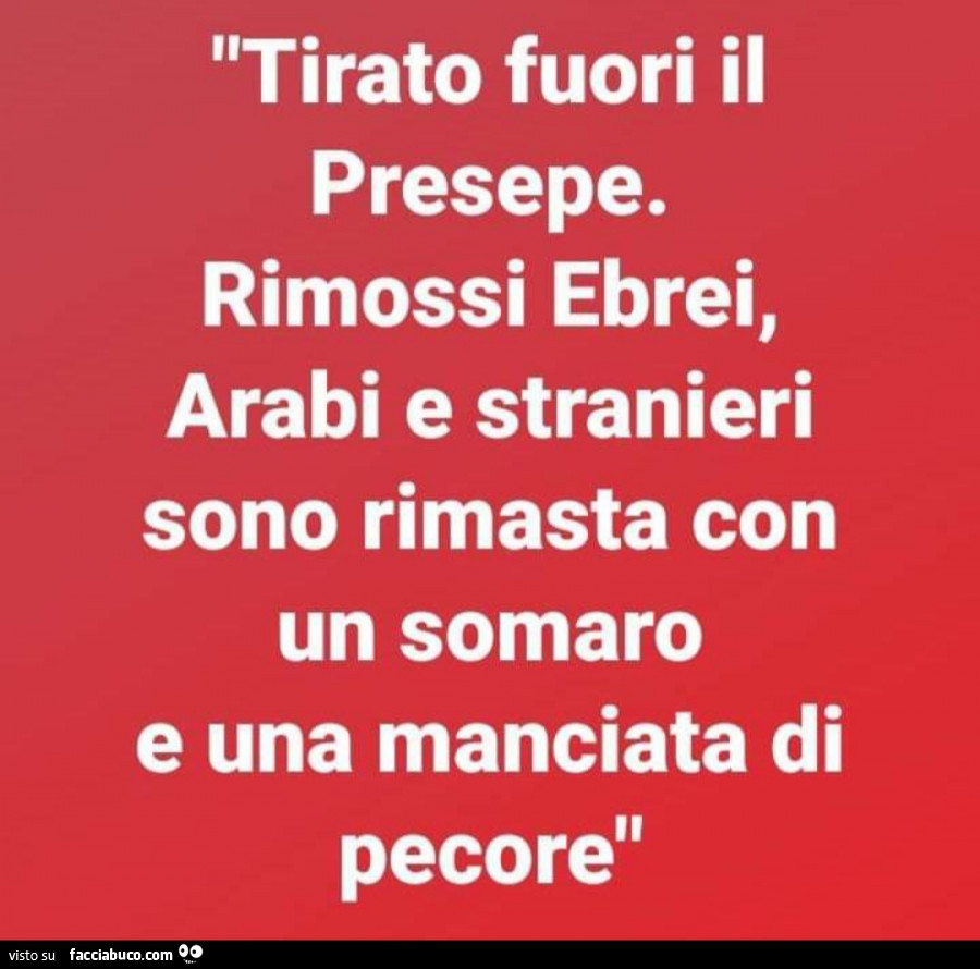 Tirato fuori il presepe. Rimossi ebrei, arabi e stranieri sono rimasta con un somaro e una manciata di pecore