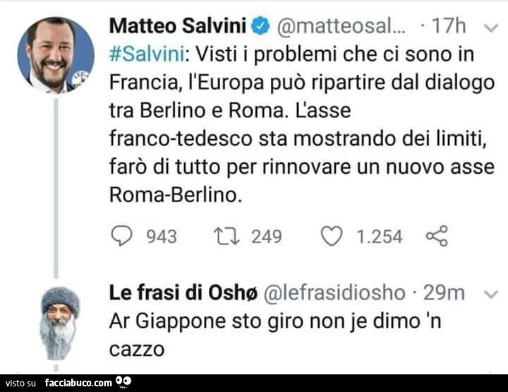 Salvini: visti i problemi che ci sono in francia, l'europa può ripartire dal dialogo tra berlino e roma. L'asse franco-tedesco sta mostrando dei limiti, farò di tutto per rinnovare un nuovo asse. Osho: ar giappone sto giro non je dimo in cazzo