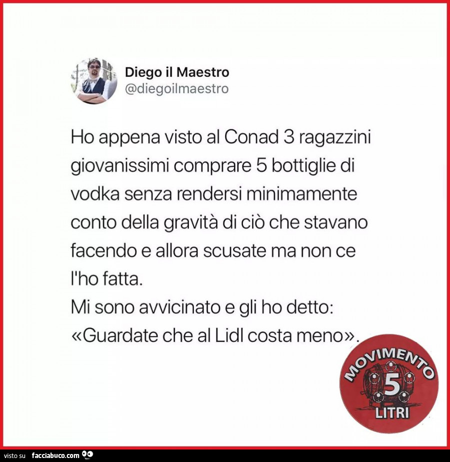 Ho appena visto al conad 3 ragazzini giovanissimi comprare 5 bottiglie di vodka senza rendersi minimamente conto della gravità di ciò che stavano facendo e allora scusate ma non ce l'ho fatta
