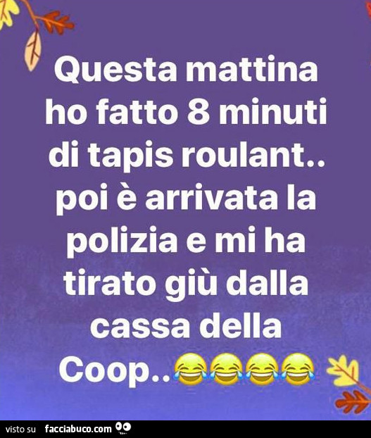 Questa mattina ho fatto 8 minuti di tapis roulant. Poi è arrivata la polizia e mi ha tirato giù dalla cassa della coop