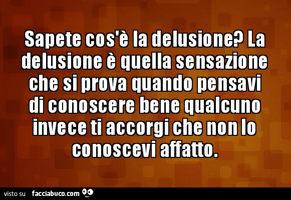 Sapete cos'è la delusione? La delusione è quella sensazione che si prova quando pensavi di conoscere bene qualcuno invece ti accorgi che non lo conoscevi affatto