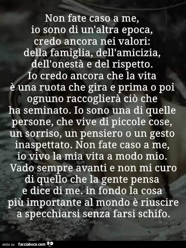 Non fate caso a me, io sono di un'altra epoca, credo ancora nei valori: della famiglia, dell'amicizia, dell'onestà e del rispetto. O credo ancora che la vita una ruota che gira e prima o poi ognuno raccoglierà ciò che seminato
