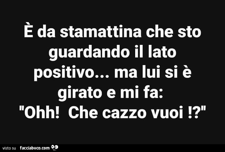 ร da stamattina che sto guardando il lato positivo… ma lui si รจ girato e mi fa: ohh! Che cazzo vuoi!?