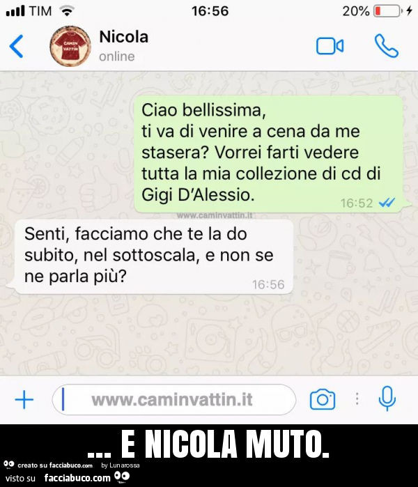 Ciao bellissima, ti va di venire a cena da me stasera? Vorrei farti vedere tutta la mia collezione di cd di gigi d'alessio. Senti, facciamo che te la do subito, nel sottoscala, e non se ne parla più? E nicola muto