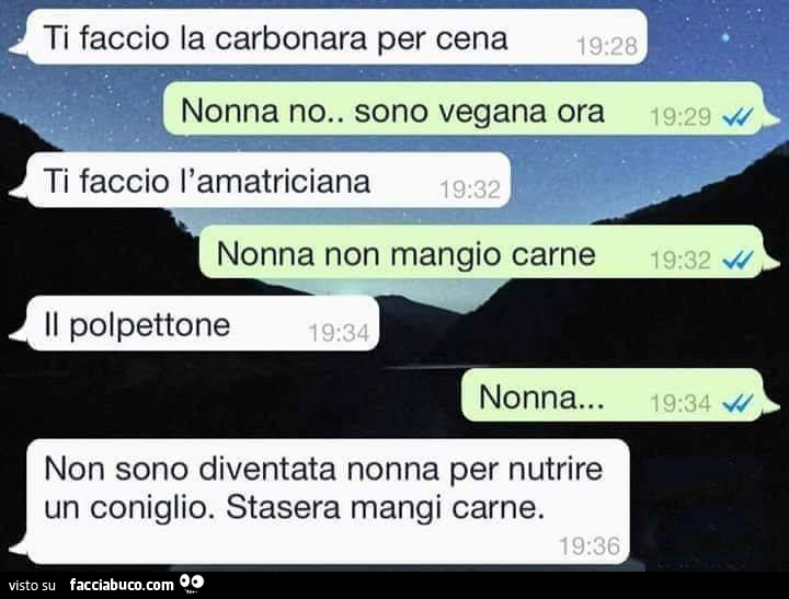 Ti faccio la carbonara per cena. Nonna no. Sono vegana ora. Ti faccio l'amatriciana. Nonna non mangio carne. Il polpettone. Nonna… non sono diventata nonna per nutrire un coniglio. Stasera mangi carne