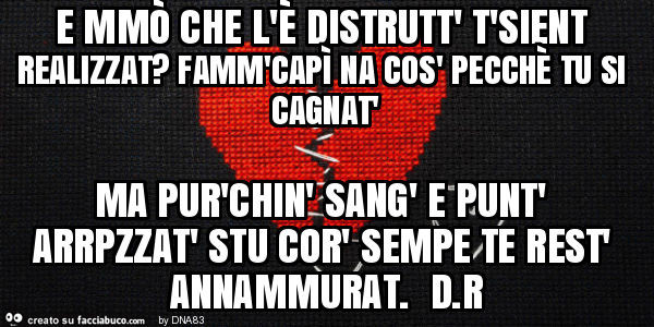 E mmò che l'è distrutt' t'sient realizzat? Famm'capì na cos' pecchè tu si cagnat' ma pur'chin' sang' e punt' arrpzzat' stu cor' sempe te rest' annammurat. D. R