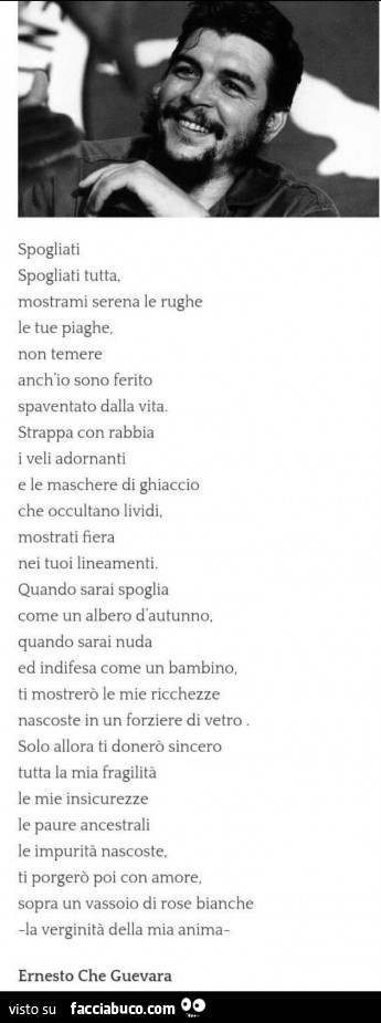 Spogliati spogliati tutta. Mostrami serena le rughe le tue piaghe. Non temere anch'io sono ferito spaventato dalla vita. Strappa con rabbia i veli adornanti e le maschere di ghiaccio che occultano lividi, mostrati fiera nei tuoi lineamenti