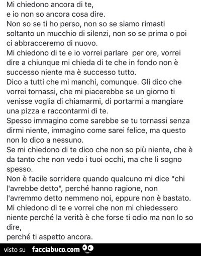 Mi chiedono ancora di te, e io non so ancora cosa dire. Non so se ti ho perso, non so se siamo rimasti soltanto un mucchio di silenzi, non so se prima o poi ci abbracceremo di nuovo. Mi chiedono di te e io vorrei parlare per ore