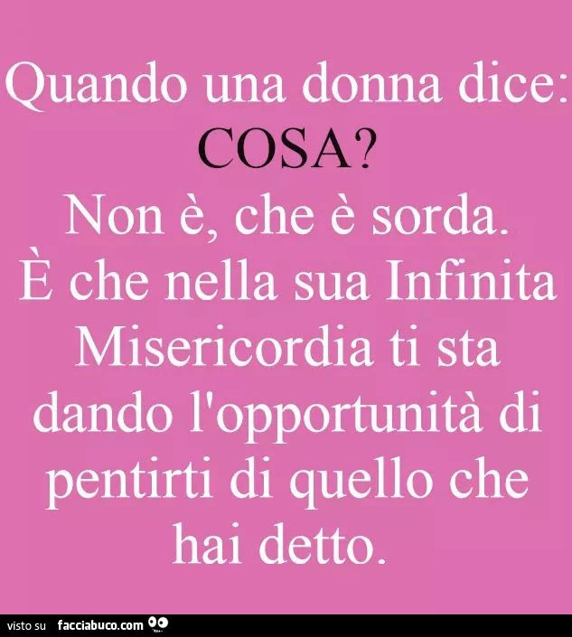 Quando una donna dice cosa? Non è che è sorda, è che nella sua infinita misericordia ti sta dando l'opportunità di pentirti di quello che hai detto