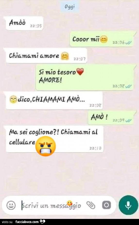 Amòò cooor miii chiamami amore. Si mio tesoro amore. Dico chiamami amò. Amò. Ma sei coglione? Chiamami al cellulare