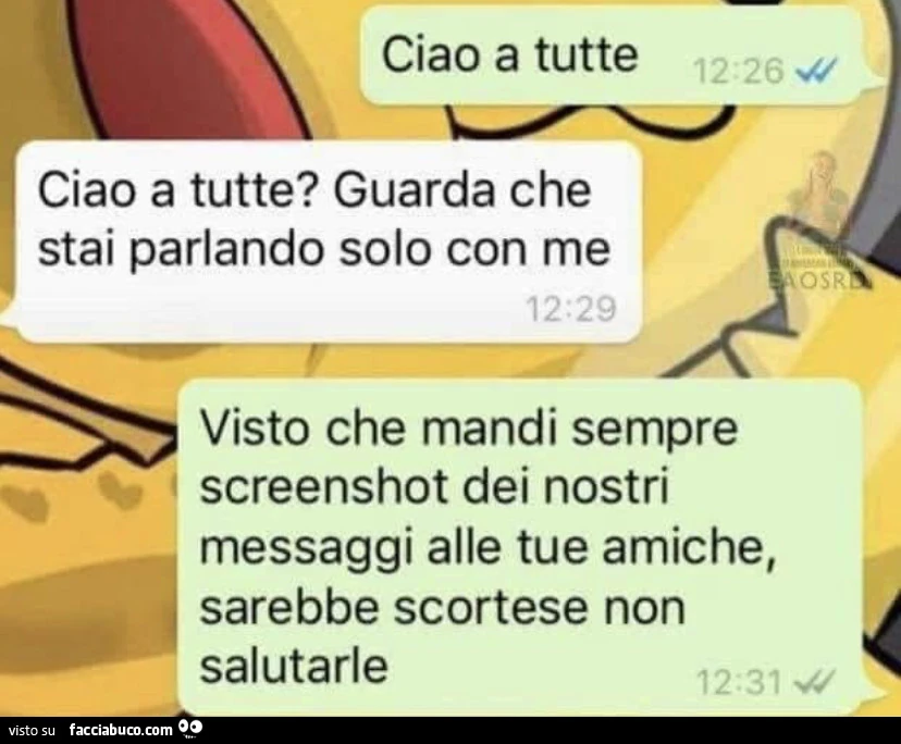 Ciao a tutte. Ciao a tutte? Guarda che stai parlando solo con me. Visto che mandi sempre screenshot dei nostri messaggi alle tue amiche, sarebbe scortese non salutarle