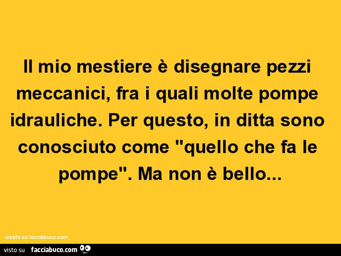 Il mio mestiere è disegnare pezzi meccanici, fra i quali molte pompe idrauliche. Per questo, in ditta sono conosciuto come "quello che fa le pompe". Ma non è bello