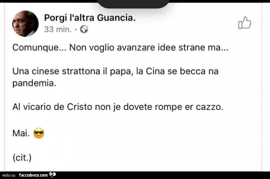 Comunque… non voglio avanzare idee strane ma… una cinese strattona il papa, la cina se becca na pandemia. Al vicario de cristo non je dovete rompe er cazzo. Mai