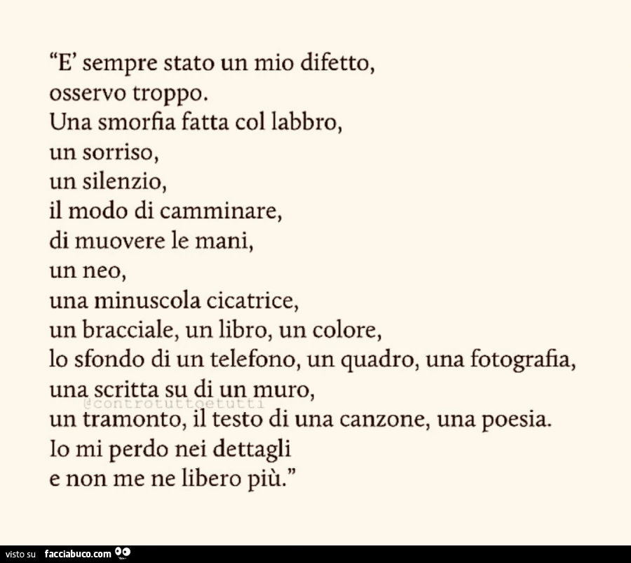 È sempre stato un mio difetto, osservo troppo: una smorfia fatta col labbro, uno sguardo, un sorriso, un silenzio, il modo di camminare, di muovere le mani, un neo, una minuscola cicatrice, un bracciale, un libro, un colore, lo sfondo di un telefono