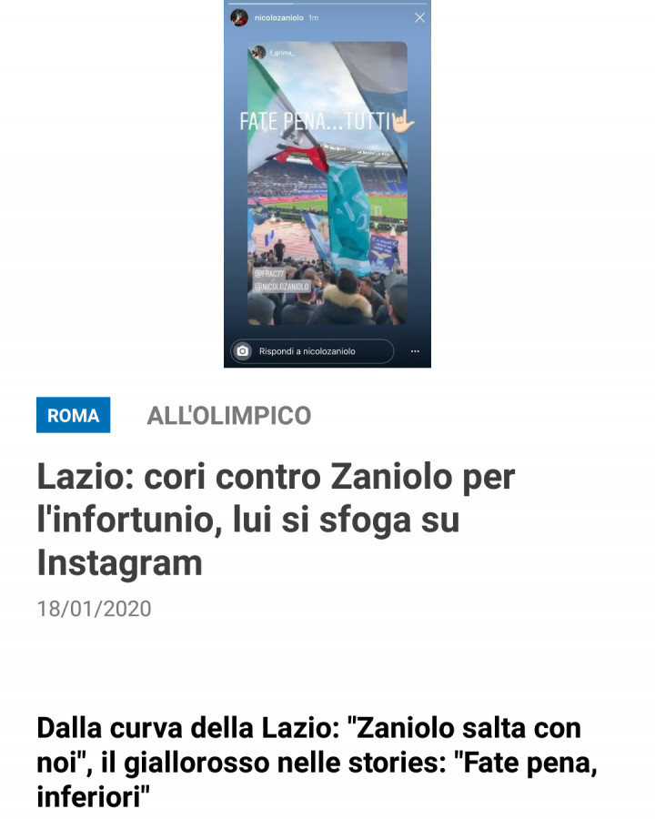 Lazio: cori contro zaniolo per l'infortunio, lui si sfoga su instagram