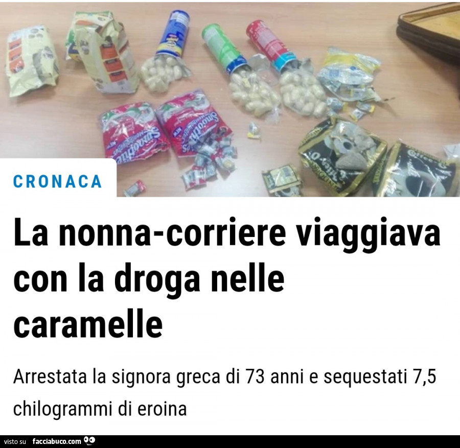 Nonna corriere viaggiava con la droga nelle caramelle