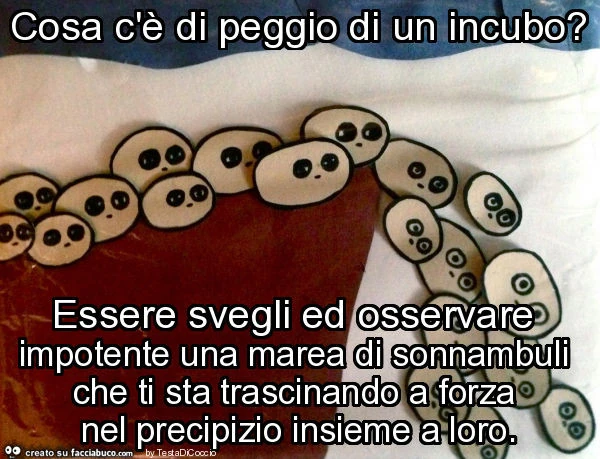 Cosa c'è di peggio di un incubo? Essere svegli ed osservare impotente una marea di sonnambuli che ti sta trascinando a forza nel precipizio insieme a loro