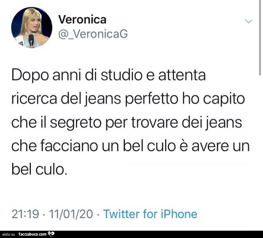Dopo anni di studio e attenta ricerca del jeans perfetto ho capito che il segreto per trovare dei jeans che facciano un bel culo è avere un bel culo