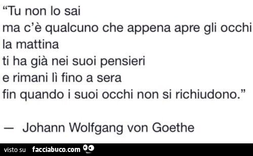 Tu non lo sai ma c'è qualcuno che appena apre gli occhi la mattina ti ha già nei suoi pensieri e rimani lì fino a sera fin quando i suoi occhi non si richiudono. Johann wolfgang von goethe