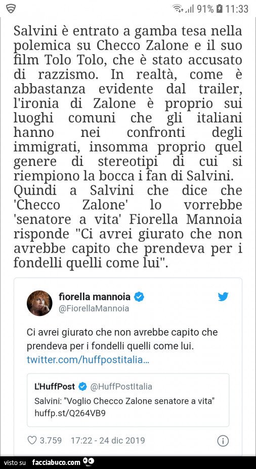 Salvini è entrato a gamba tesa nella polemica su checco zalone e il suo film tolo tolo, che è stato accusato di razzismo. In realtà, come è abbastanza evidente dal trailer, l'ironia di zalone è proprio sui luoghi comuni