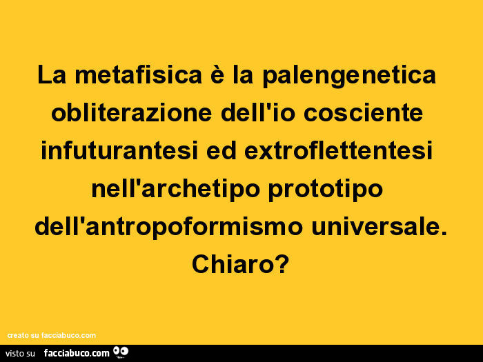 La metafisica è la palengenetica obliterazione dell'io cosciente infuturantesi ed extroflettentesi nell'archetipo prototipo dell'antropoformismo universale. Chiaro?