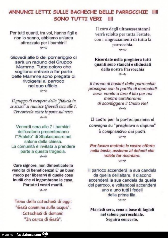 Annunci letti sulle bacheche delle parrocchie. Sono tutti veri