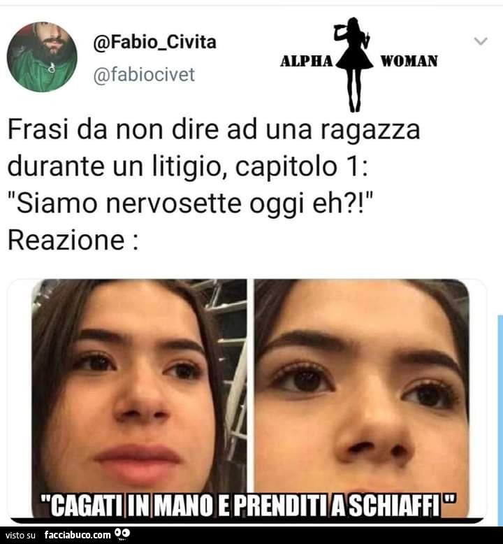 Frasi da non dire ad una ragazza durante un litigio, capitolo 1: siamo nervosette oggi eh?! Reazione. Cagati in mano e prenditi a schiaffi