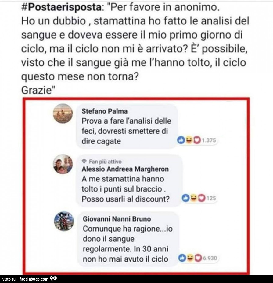 Ho un dubbio, stamattina ho fatto le analisi del sangue e doveva essere il mio primo giorno di ciclo, ma il ciclo non mi รจ arrivato? ร' Possibile, visto che il sangue giร  me l'hanno tolto, il ciclo questo mese non torna?